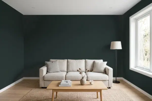 Living room with walls painted Benjamin Moore Black Forest Green PM-12 (simulated)