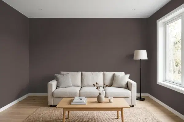 Living room with walls painted Valspar Black Raisin 4002-2C (simulated)