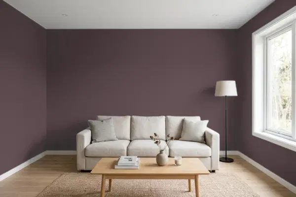 Living room with walls painted Behr Black Raspberry HDC-FL14-9 (simulated)
