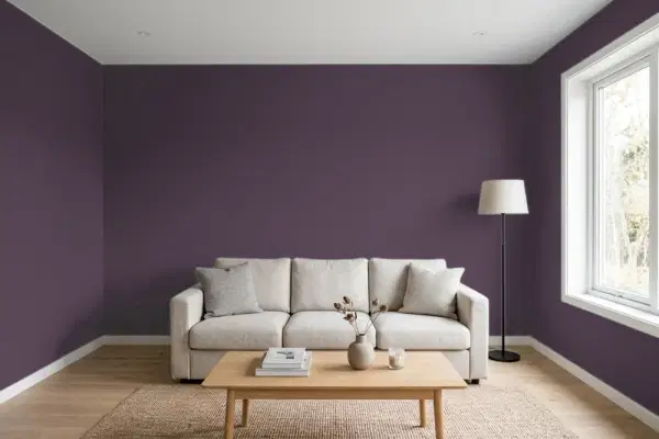 Living room with walls painted Benjamin Moore Black Raspberry 2072-20 (simulated)