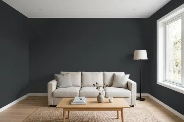 Living room with walls painted Benjamin Moore Black Satin 2131-10 (simulated)