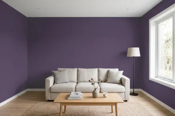 Living room with walls painted Behr Blackberry Harvest S-H-660 (simulated)