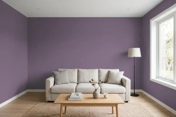 Living room with walls painted Behr Blackberry Jam S100-6 (simulated)