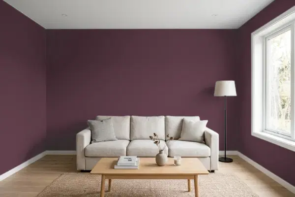 Living room with walls painted Sherwin-Williams Blackberry SW 7577 (simulated)