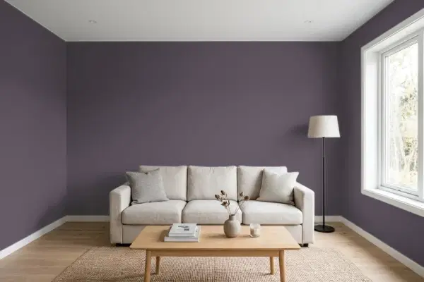 Living room with walls painted Behr Blackberry Wine 670F-7 (simulated)