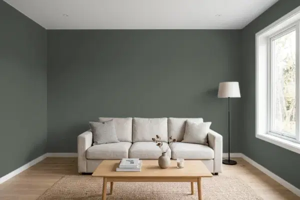 Living room with walls painted Valspar Blackened Pine 5003-2C (simulated)