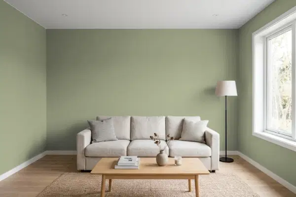 Living room with walls painted Valspar Blanched Thyme 6001-4A (simulated)
