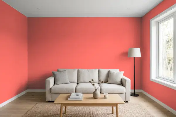 Living room with walls painted Valspar Blaze Orange 1008-1A (simulated)