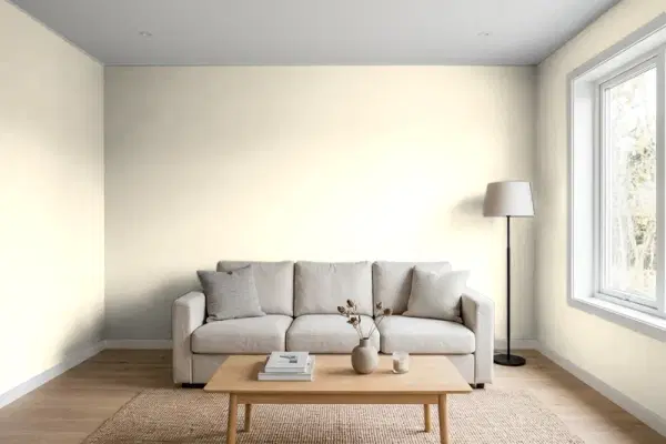 Living room with walls painted Behr Bleached Almond PWN-32 (simulated)
