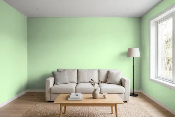 Living room with walls painted PPG Paints Bleached Spruce 1223-4 (simulated)