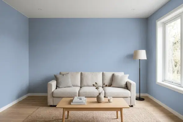 Living room with walls painted Valspar Blissful Blue 4005-3C (simulated)