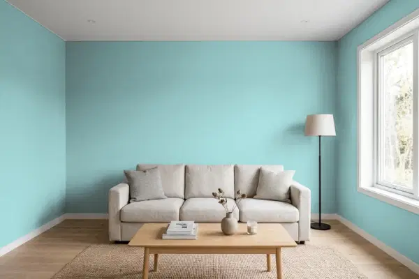 Living room with walls painted Sherwin-Williams Blithe Blue SW 9052 (simulated)