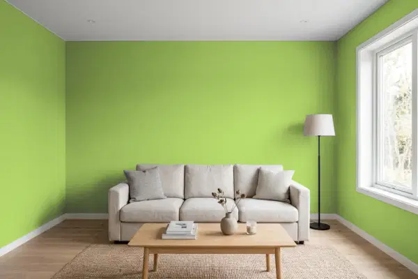 Living room with walls painted Benjamin Moore Blooming Grove 413 (simulated)