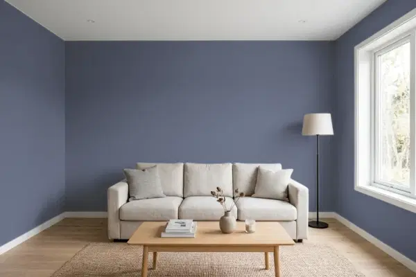 Living room with walls painted Benjamin Moore Blue Gaspe CC-900 (simulated)