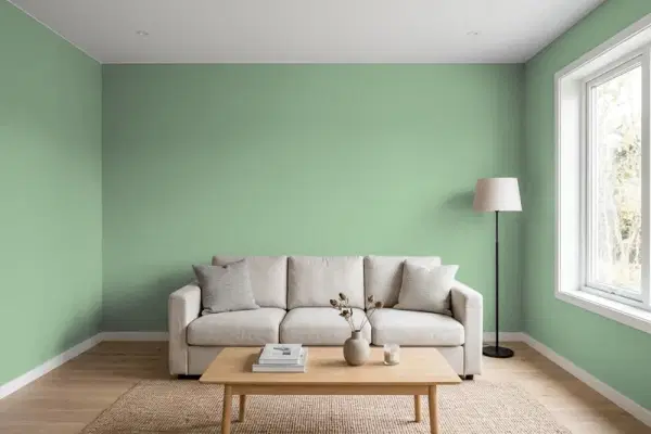 Living room with walls painted Valspar Blue Grass Mood 5006-6A (simulated)