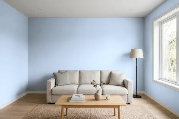 Living room with walls painted Benjamin Moore Blue Ice CC-850 (simulated)