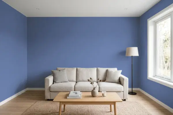 Living room with walls painted Benjamin Moore Blue Nova CC-860 (simulated)