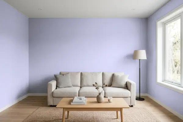 Living room with walls painted Benjamin Moore Blue Orchid 2069-50 (simulated)