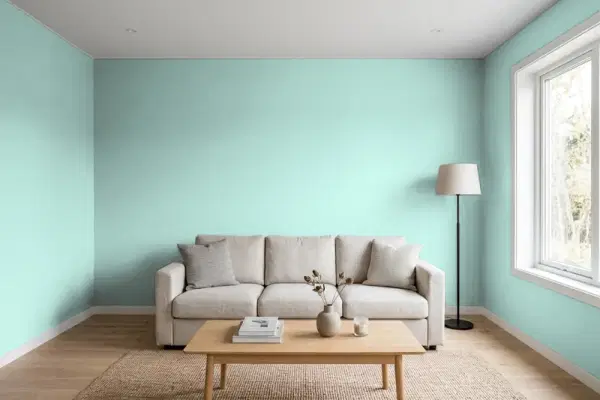 Living room with walls painted Sherwin-Williams Blue Sky SW 0063 (simulated)