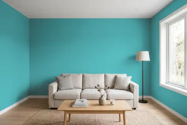 Living room with walls painted Benjamin Moore Blue Spa 2052-40 (simulated)