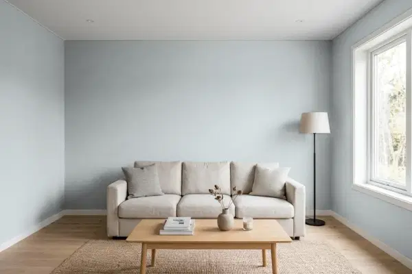 Living room with walls painted Benjamin Moore Blue Springs 1592 (simulated)