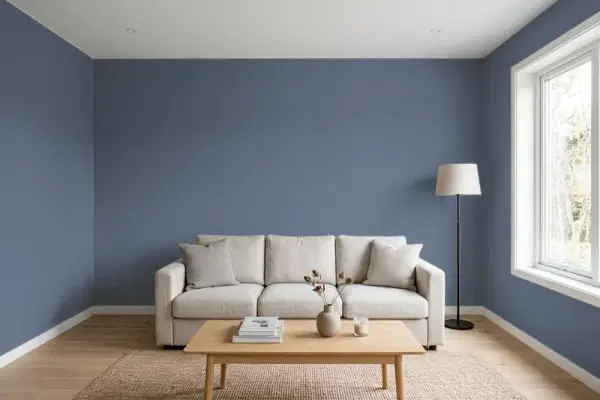 Living room with walls painted PPG Paints Blue Zephyr 1042-6 (simulated)