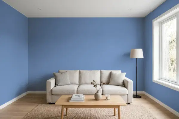 Living room with walls painted Behr Blueberry Patch 600D-6 (simulated)