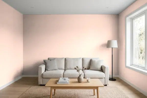 Living room with walls painted Sherwin-Williams Blushing SW 6617 (simulated)