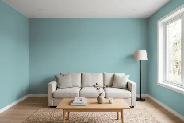 Living room with walls painted Benjamin Moore Boca Raton Blue 711 (simulated)