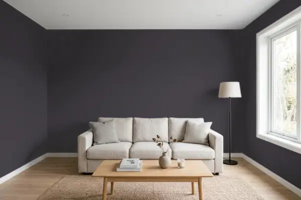 Living room with walls painted Sherwin-Williams Bohemian Black SW 6988 (simulated)
