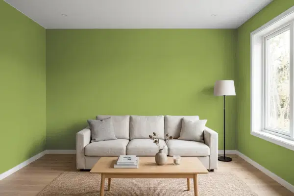 Living room with walls painted Behr Bold Avocado M360-6 (simulated)