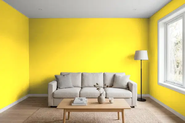 Living room with walls painted Benjamin Moore Bold Yellow 336 (simulated)