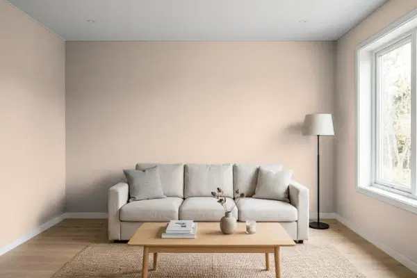 Living room with walls painted Sherwin-Williams Bona Fide Beige SW 6065 (simulated)