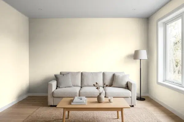 Living room with walls painted Benjamin Moore Bone White PM-30 (simulated)
