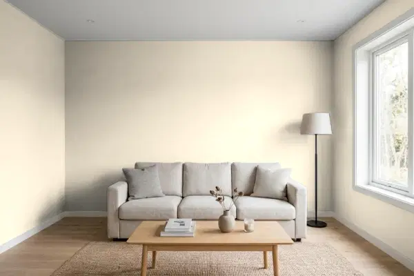 Living room with walls painted PPG Paints Bone White 1085-2 (simulated)