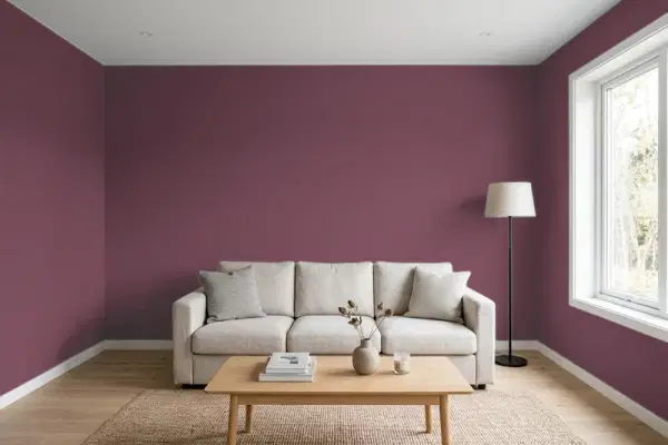 Living room with walls painted Benjamin Moore Bordeaux Red 1365 (simulated)