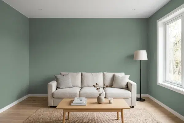 Living room with walls painted Behr Boreal N420-5 (simulated)