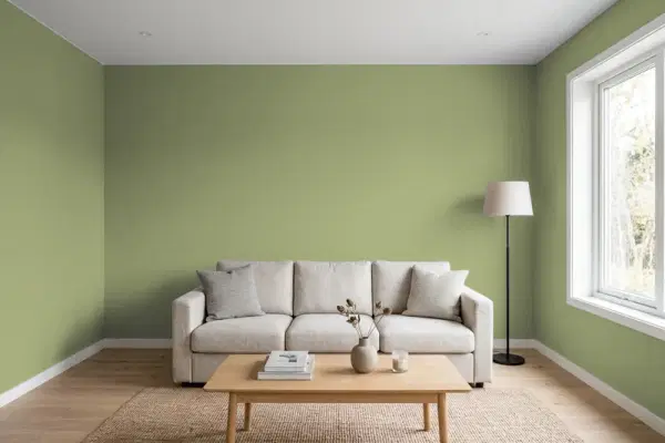 Living room with walls painted Behr Boston Fern 410F-5 (simulated)