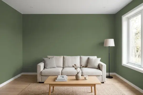 Living room with walls painted Valspar Boughs of Pine 5007-4C (simulated)