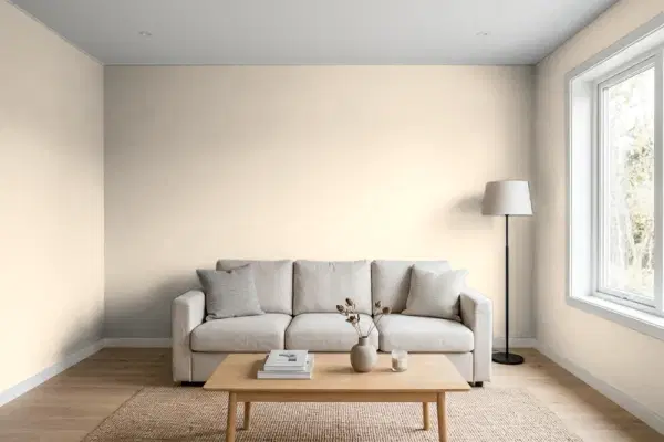 Living room with walls painted Benjamin Moore Brandy Cream CC-60 (simulated)
