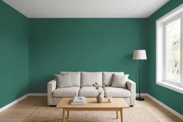 Living room with walls painted Benjamin Moore Brazilian Rainforest 651 (simulated)