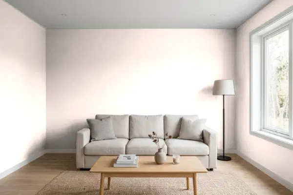 Living room with walls painted Benjamin Moore Bridal Pink 2013-70 (simulated)