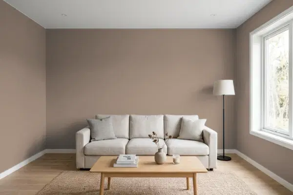 Living room with walls painted Behr Bridle Leather N180-5 (simulated)
