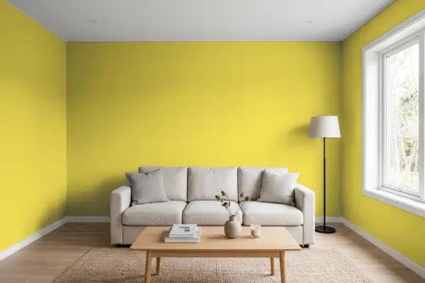 Living room with walls painted Benjamin Moore Bright Gold 371 (simulated)