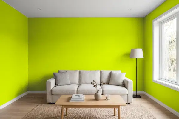 Living room with walls painted Benjamin Moore Bright Lime 2025-10 (simulated)
