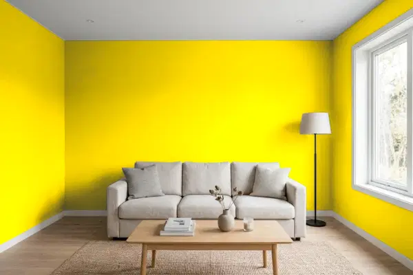 Living room with walls painted Benjamin Moore Bright Yellow 2022-30 (simulated)