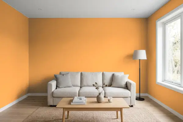 Living room with walls painted Benjamin Moore Brilliant Amber 161 (simulated)