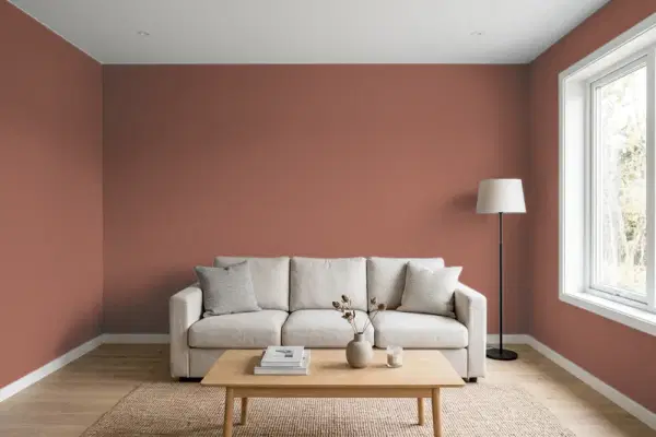 Living room with walls painted Benjamin Moore Brindle 1183 (simulated)