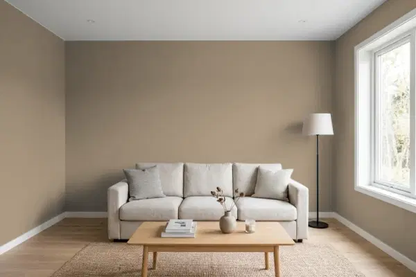 Living room with walls painted Behr Bristol Beige HDC-AC-14 (simulated)