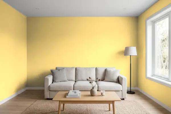 Living room with walls painted Benjamin Moore Broadway Lights 298 (simulated)